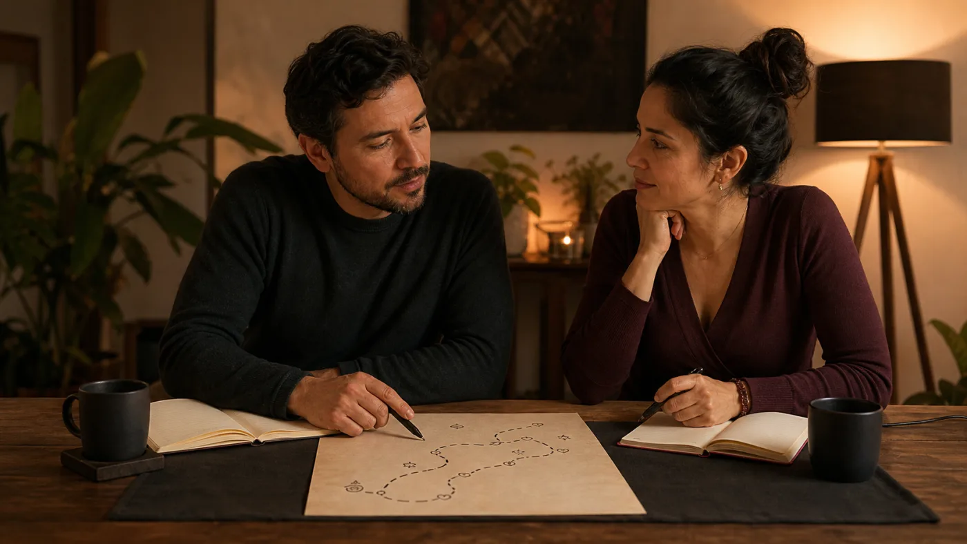 Pareja mexicana conversa frente a sus cuadernos y un mapa de acuerdos sobre la mesa