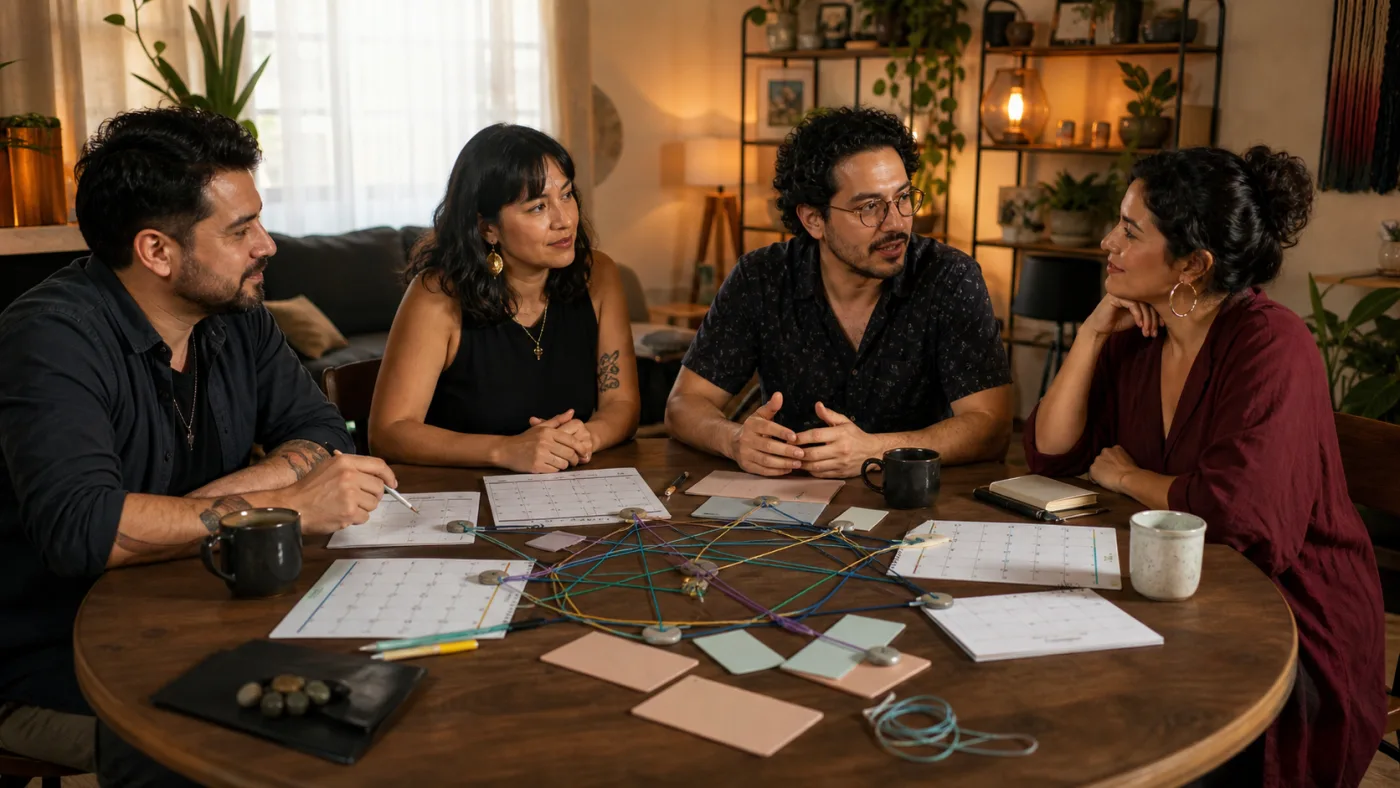 Cuatro personas mexicanas coordinan calendarios y cuidados alrededor de una mesa