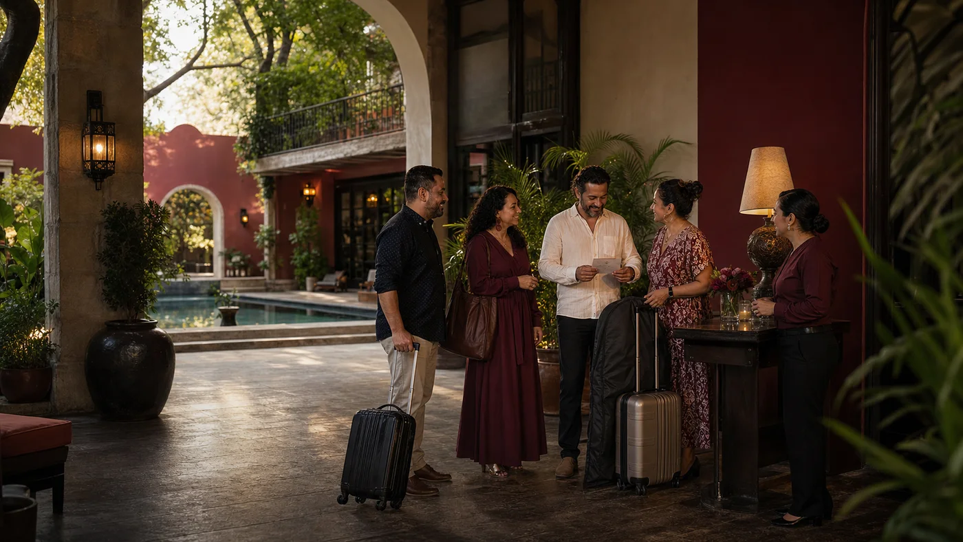Personas mexicanas de 30 a 45 años llegando con equipaje a un hotel