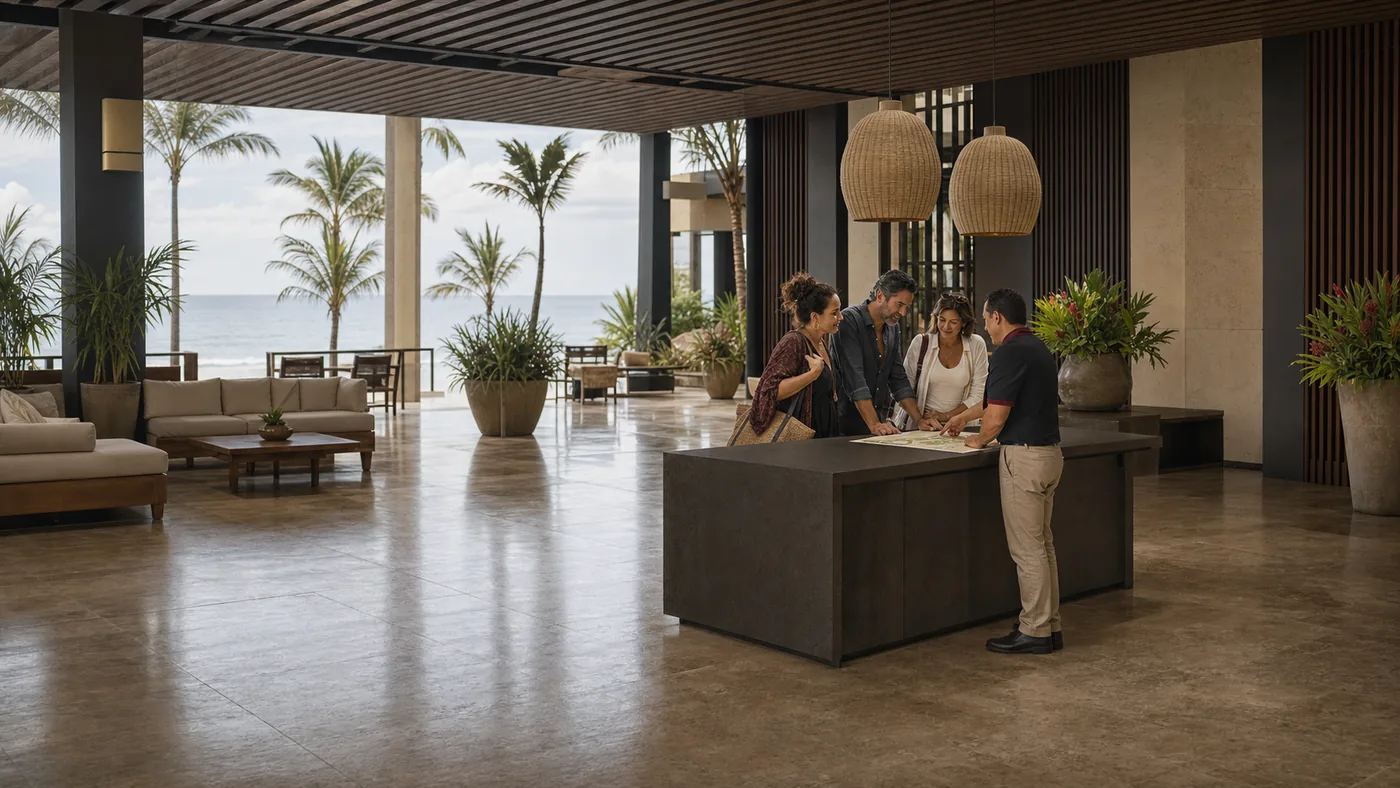 Adultos recibiendo orientación al llegar a un resort