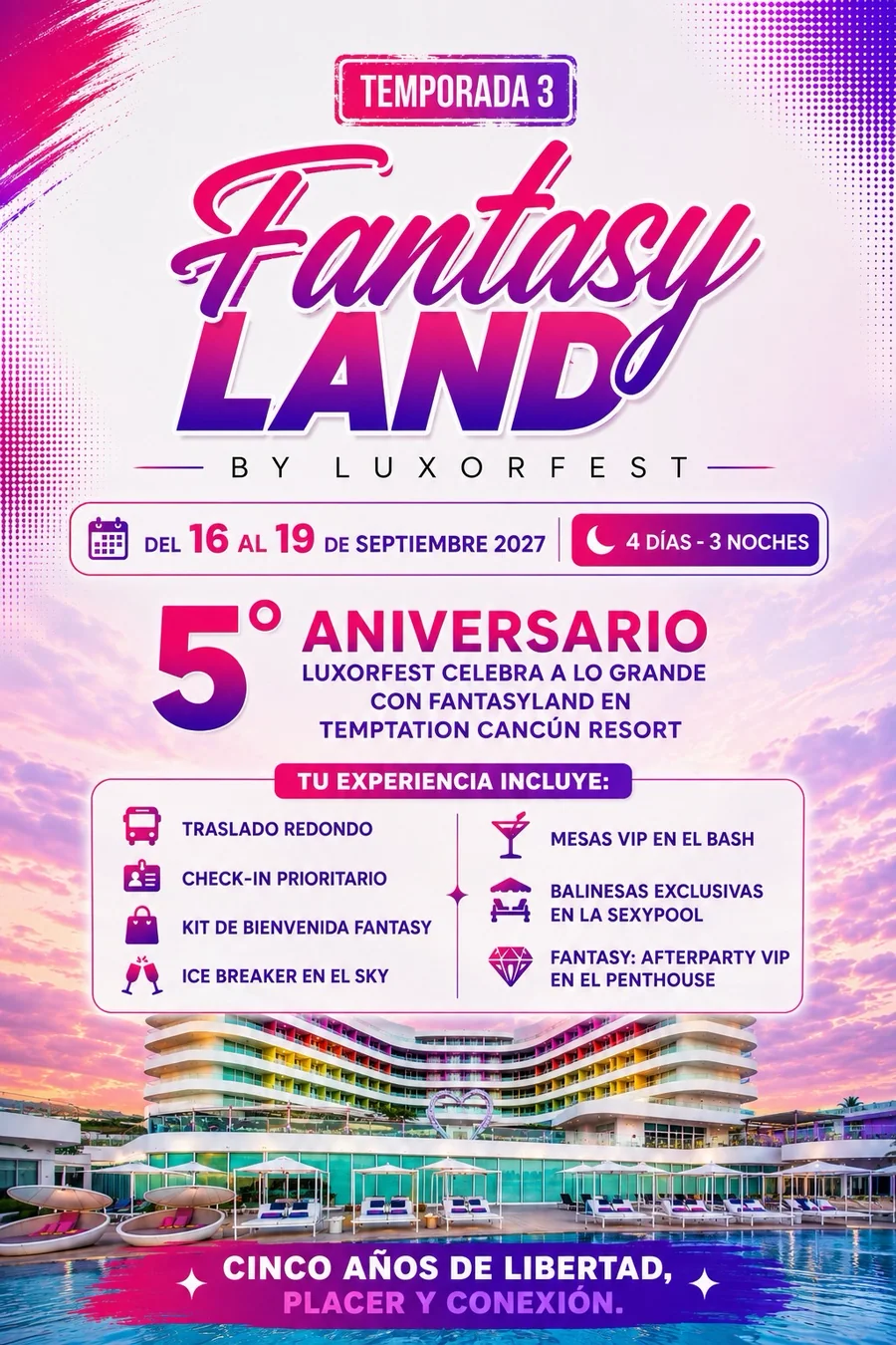 Cartel oficial de FantasyLand Temporada 3 con fechas, beneficios y sede en Cancún