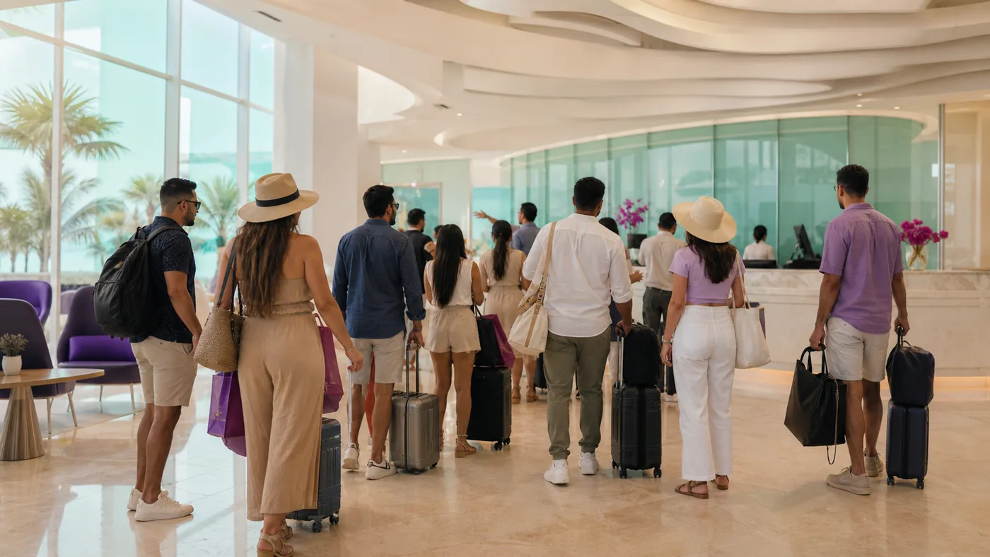 Grupo de adultos llegando con equipaje a la recepción de un resort en Cancún