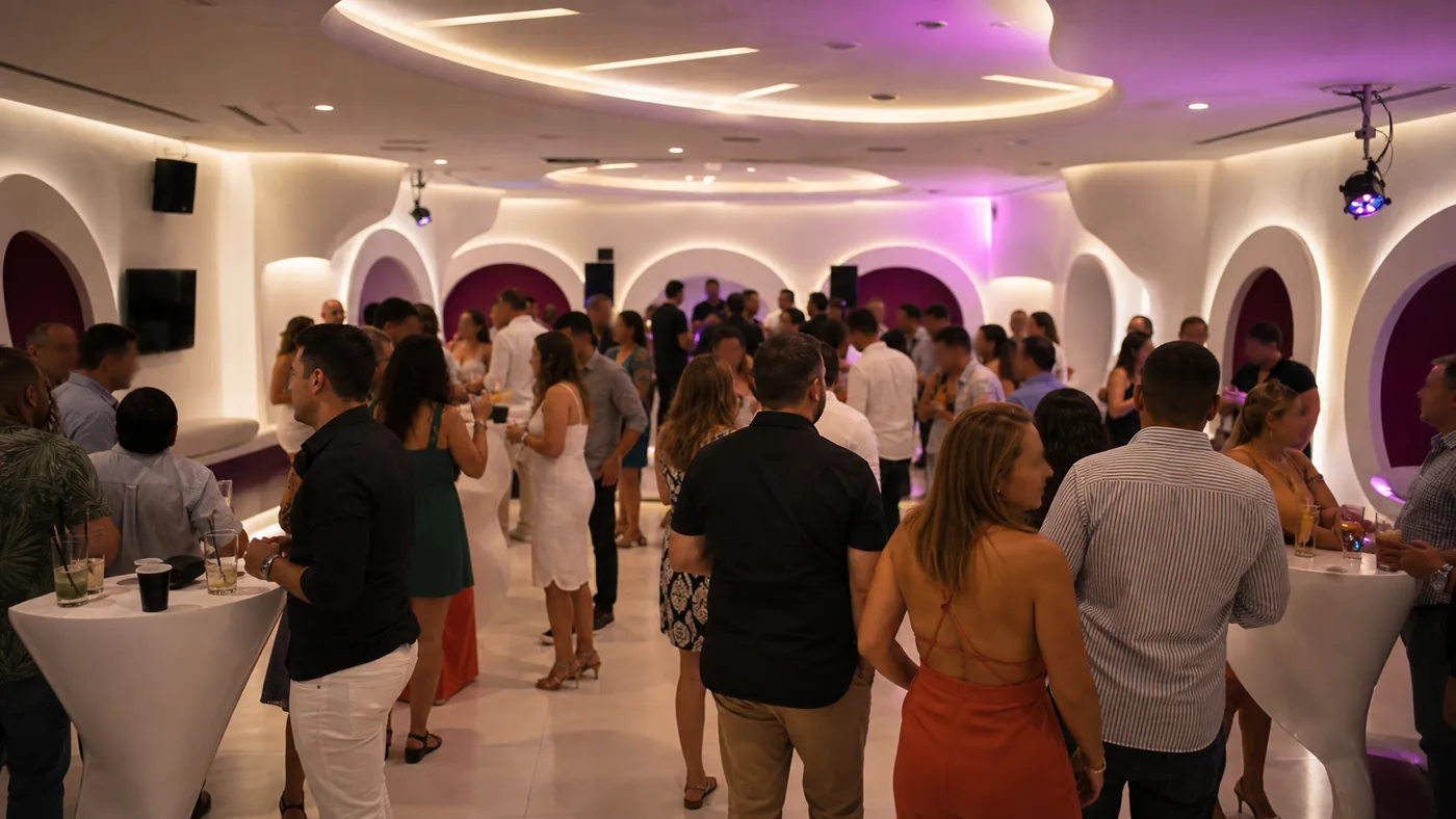 Adultos conversando durante una recepción nocturna dentro de un resort