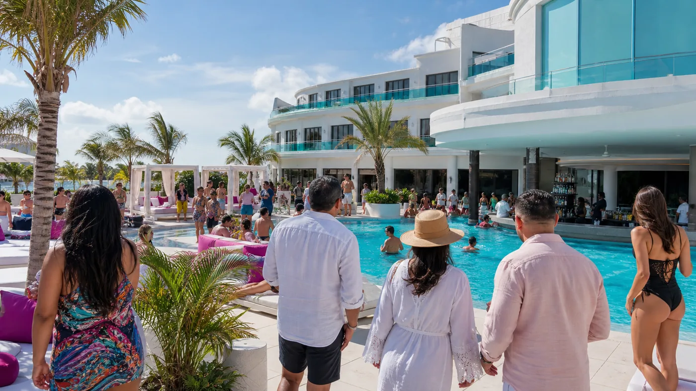 Convivencia diurna de adultos junto a la alberca de un resort en Cancún