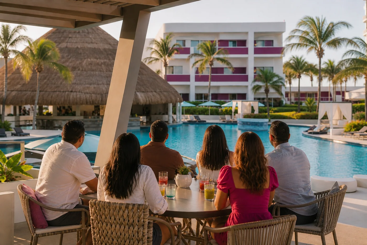 Grupo de adultos visto de espaldas durante una convivencia junto a la alberca de un resort