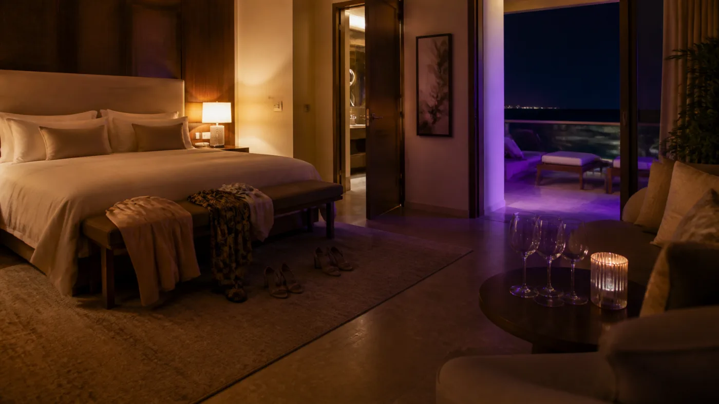 Habitación privada de resort iluminada de noche con tres copas preparadas