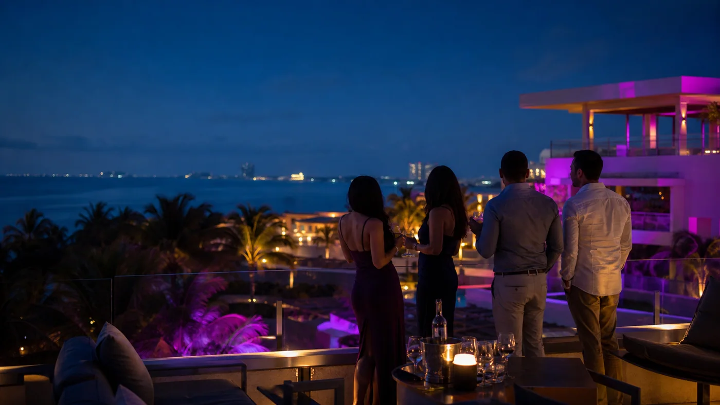 Cuatro adultos vistos de espaldas en una terraza nocturna frente al mar en Cancún