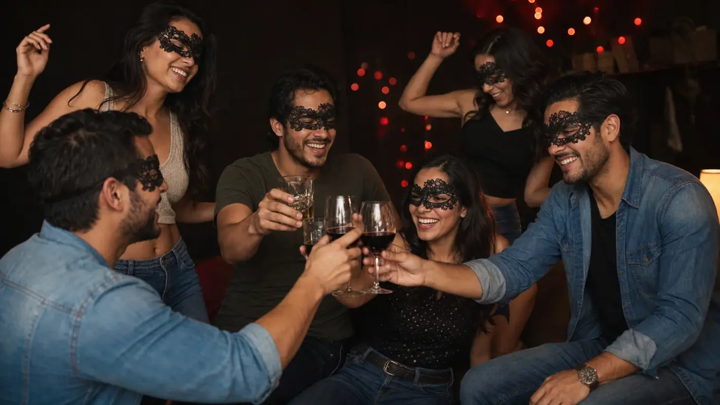 Fiesta con luces rojas y antifaces