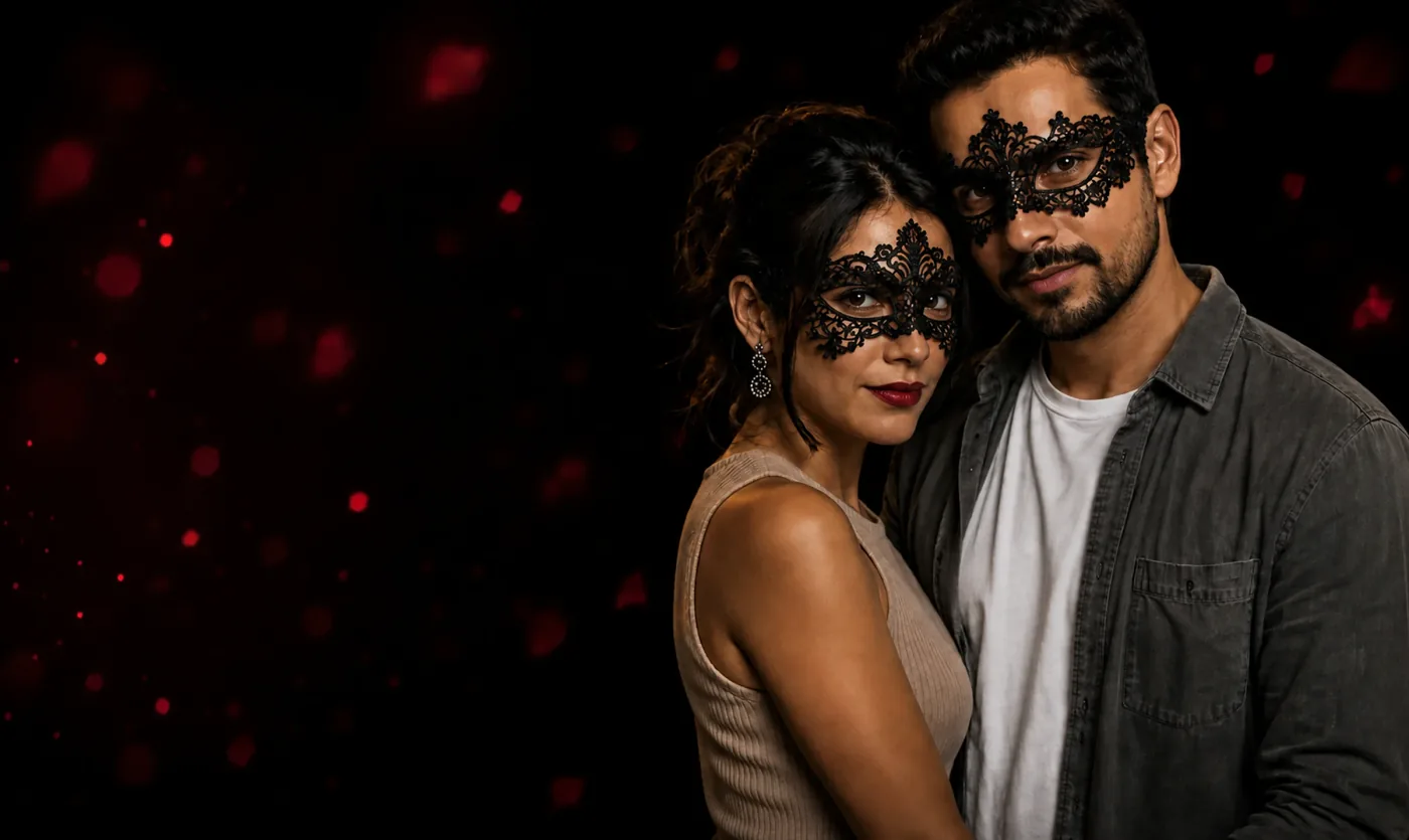 Pareja con antifaces de encaje negro y luces rojas