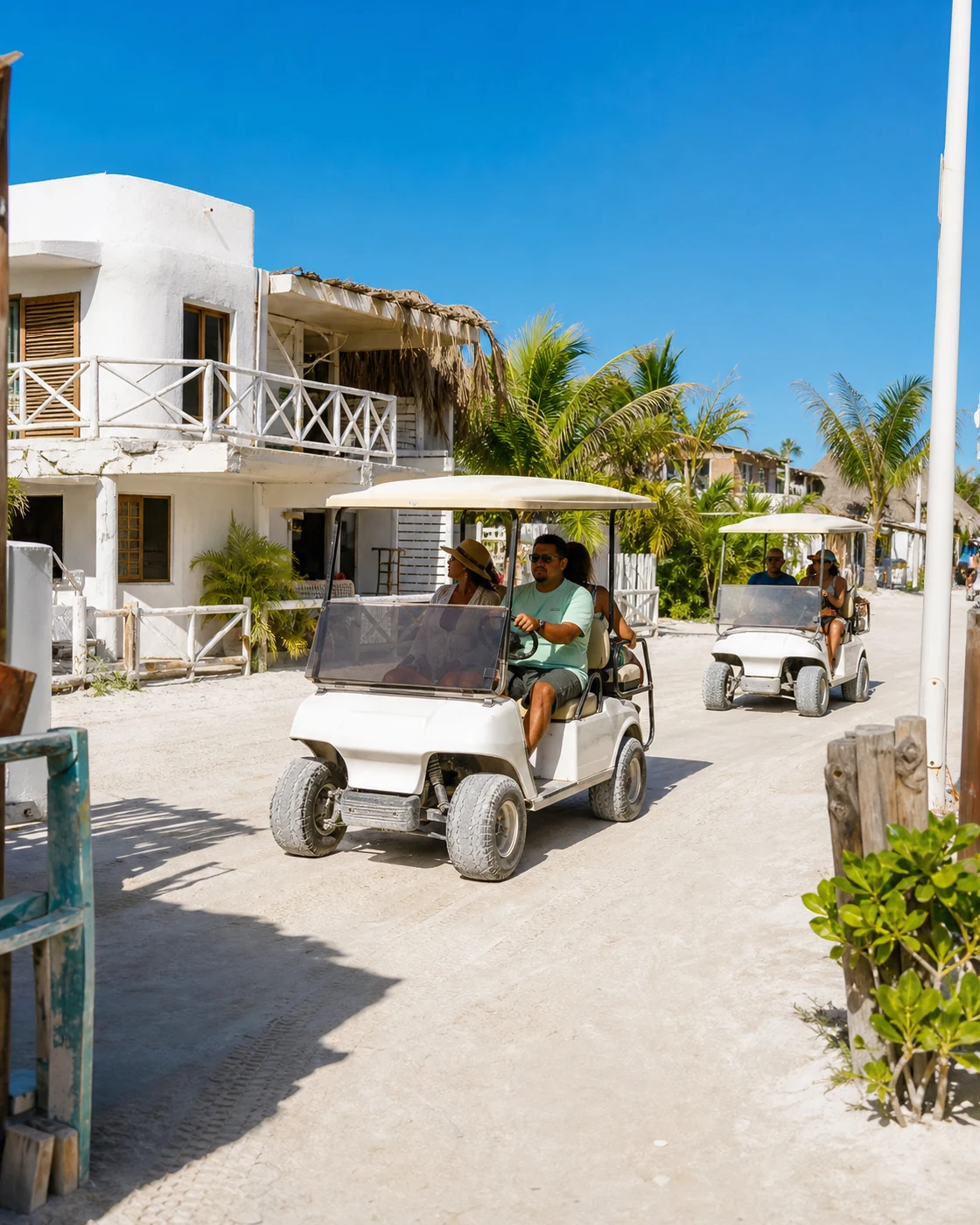 Calle de arena de Holbox con carritos de golf, el transporte de la isla