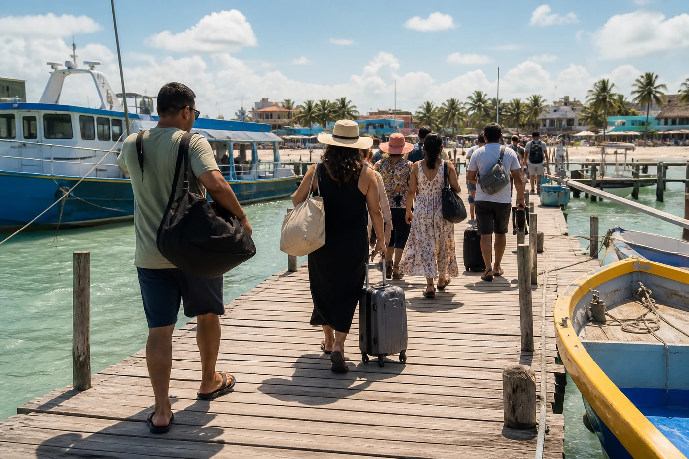Grupo llegando al muelle de Holbox tras el cruce en ferry