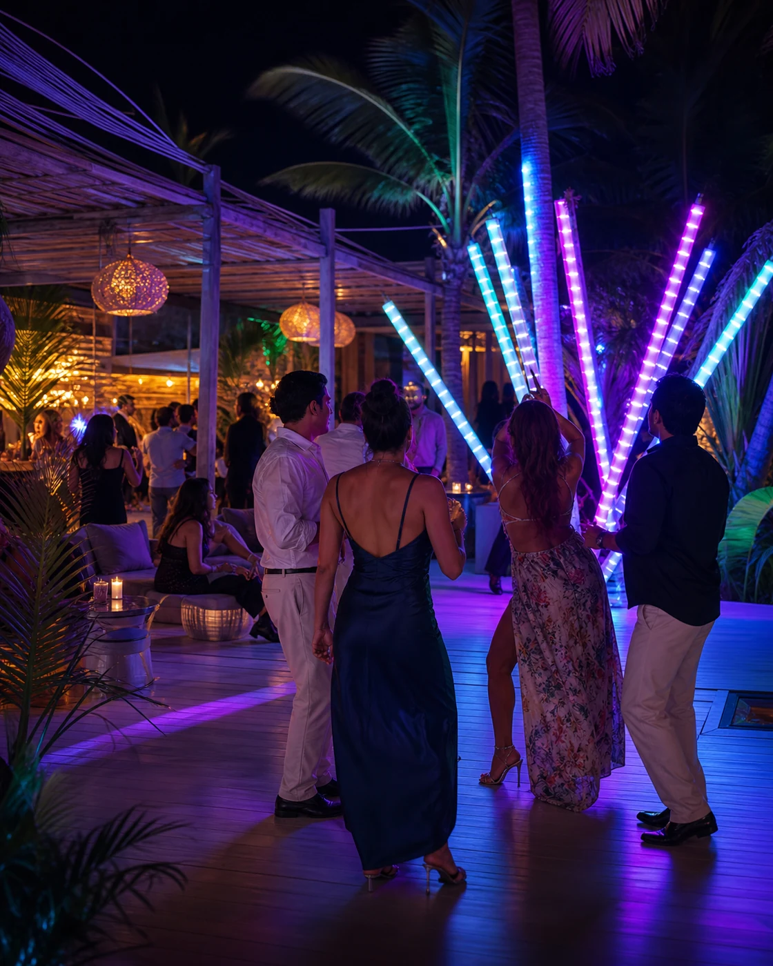 Grupo de adultos durante una fiesta temática nocturna con luces de colores