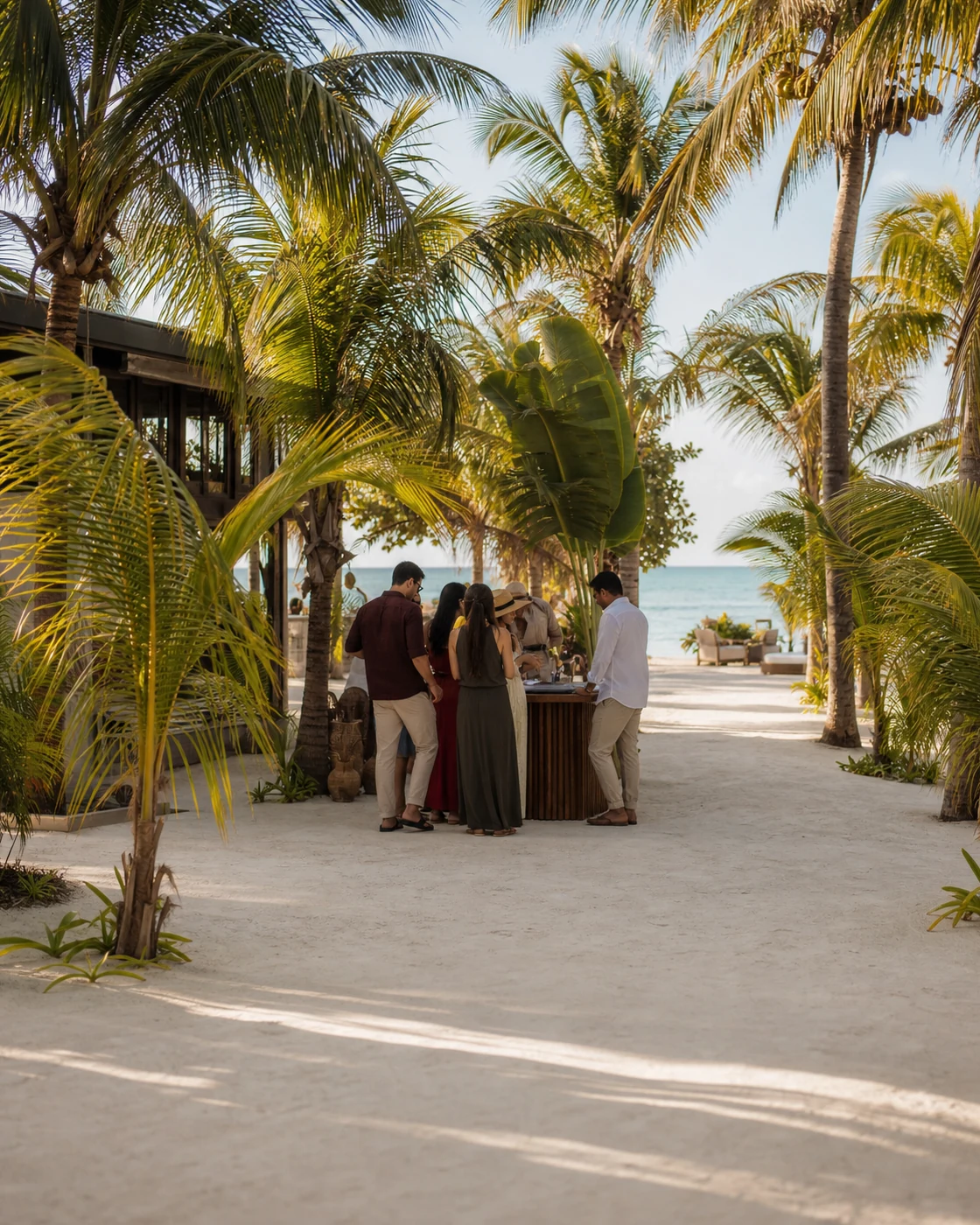 Acceso de un hotel de playa en Holbox entre palmeras y arena