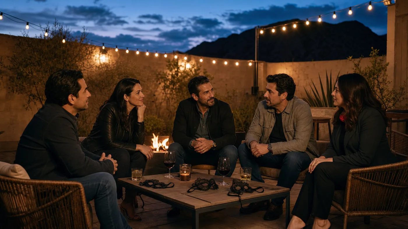 Grupo de cinco adultos conversando en un patio con fogata al anochecer