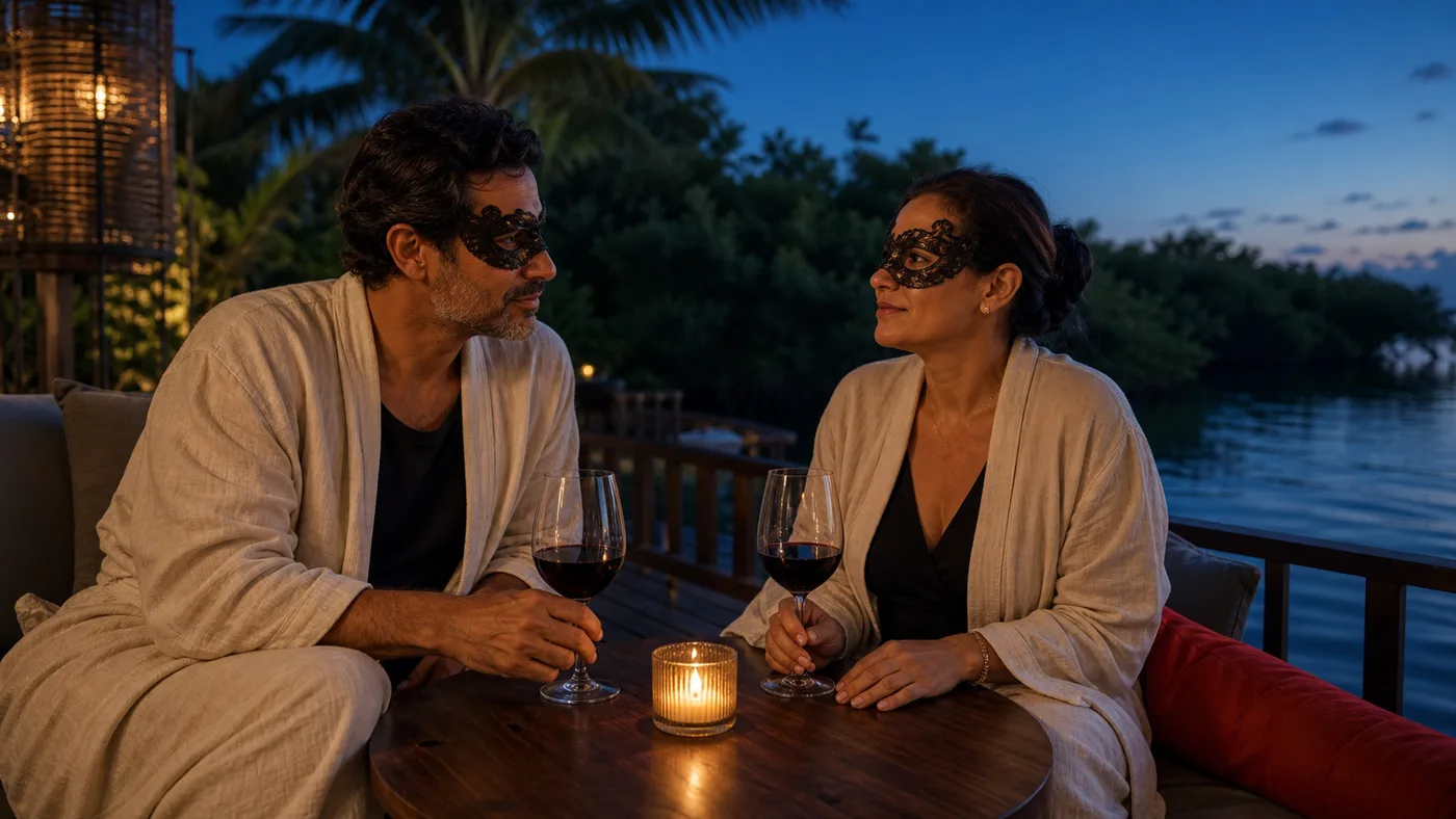 Pareja en una terraza tranquila de resort en Puerto Morelos al anochecer