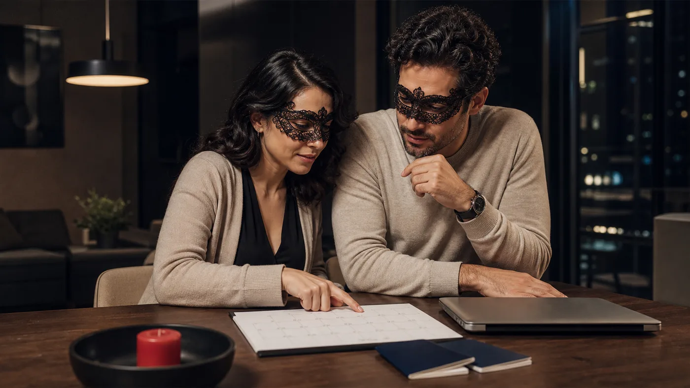 Pareja planea su primer viaje en casa con calendario y pasaportes sobre la mesa