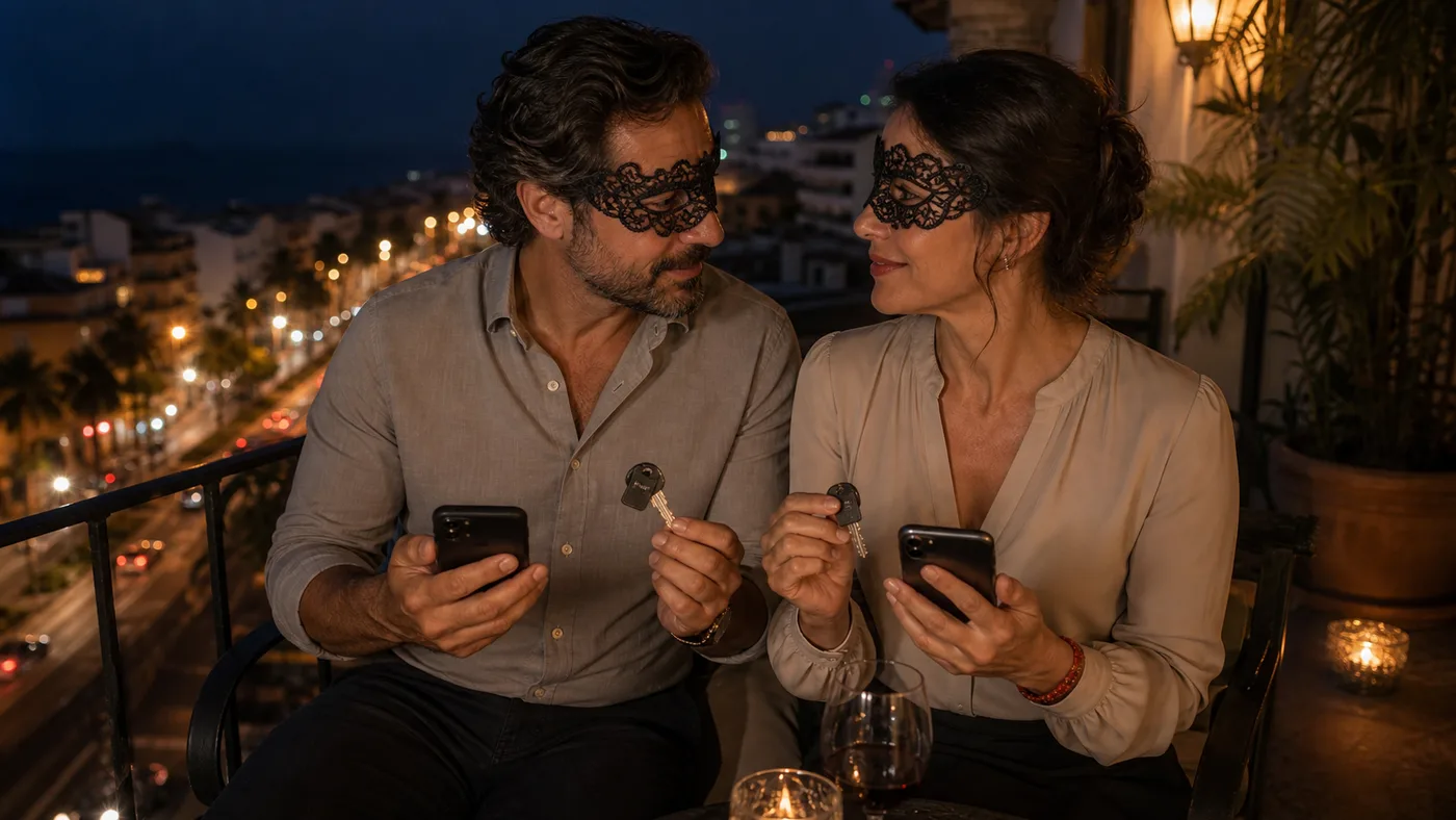 Pareja acuerda su plan de regreso en la terraza de un hotel por la noche