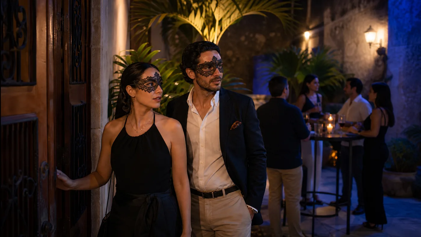 Pareja mexicana entra de noche al patio de una casa colonial en Mérida