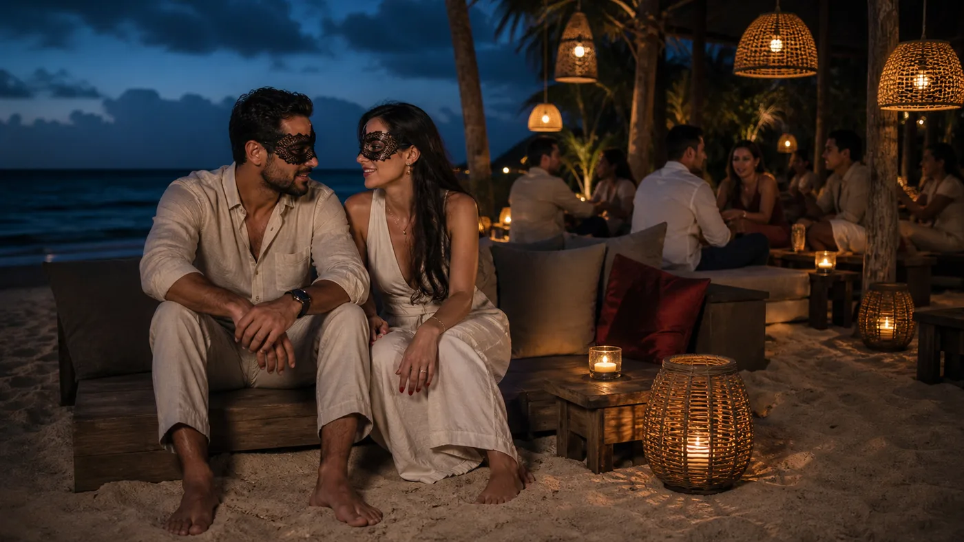 Pareja mexicana en un club de playa de Tulum con luz de velas al anochecer
