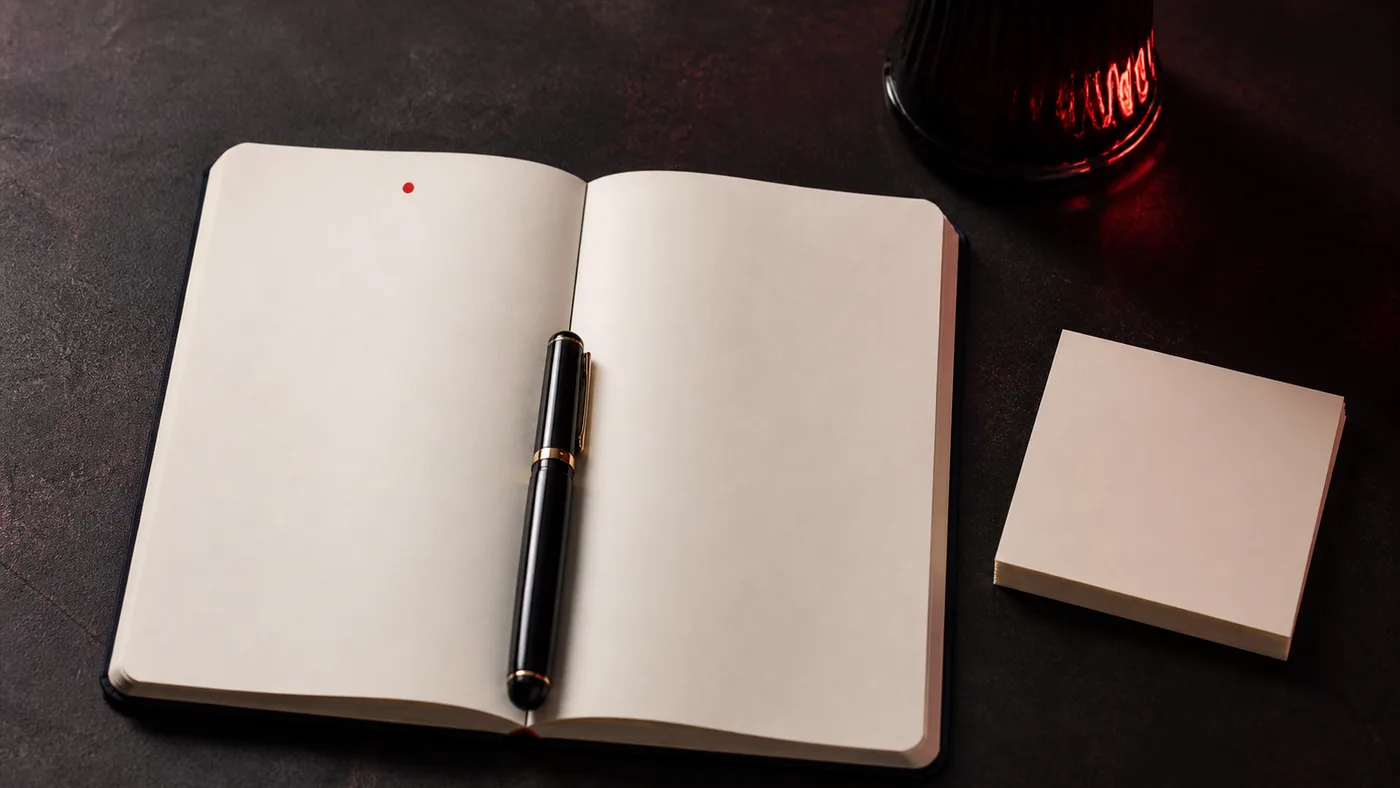 Cuaderno abierto dividido en dos columnas vacías con una pluma cerrada encima
