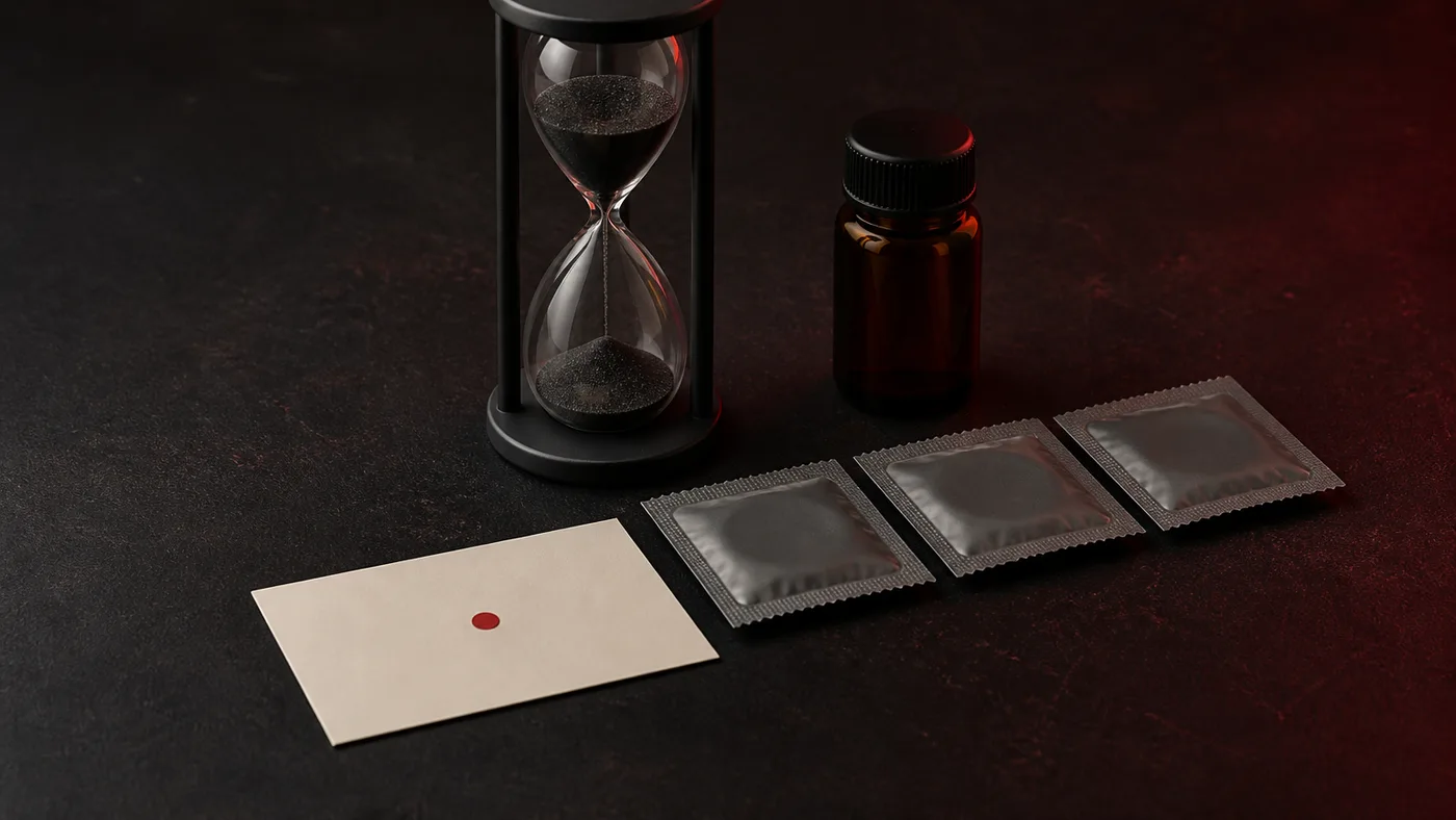 Reloj de arena junto a envolturas selladas y un frasco ámbar sin etiqueta