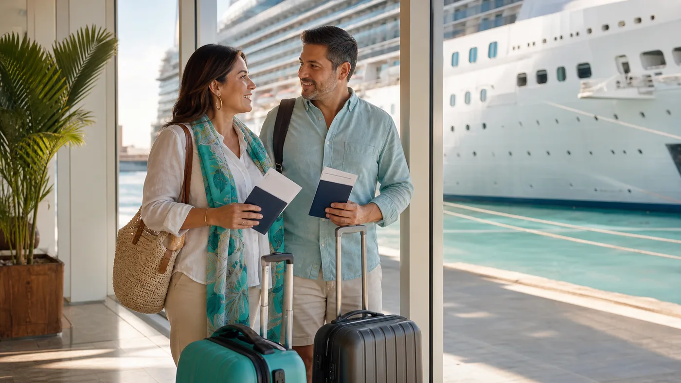 Pareja mexicana con maletas y pasaportes frente a un crucero atracado por la mañana