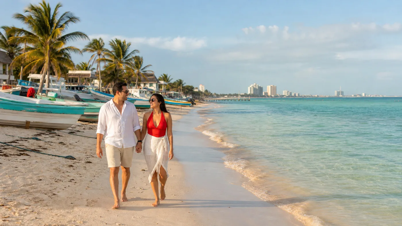 Pareja mexicana camina descalza por una playa tranquila con Cancún al fondo