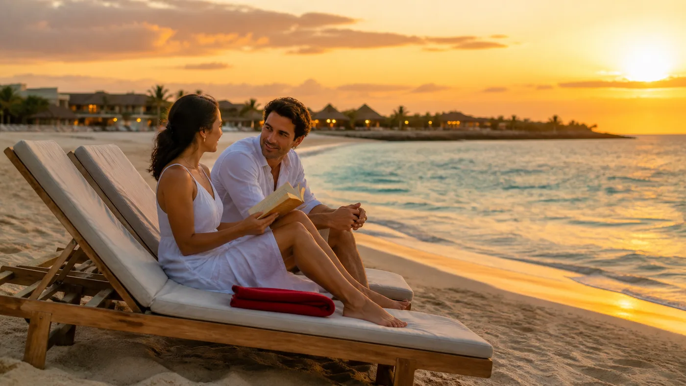 Pareja mexicana sola en un extremo tranquilo de la playa al atardecer